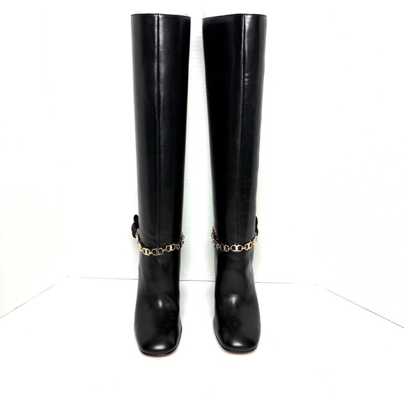 NEW Tory Burch Black Leather Blossom Boots Tall Gold Chain Flower Glam Sz 6 - Picture 5 of 14